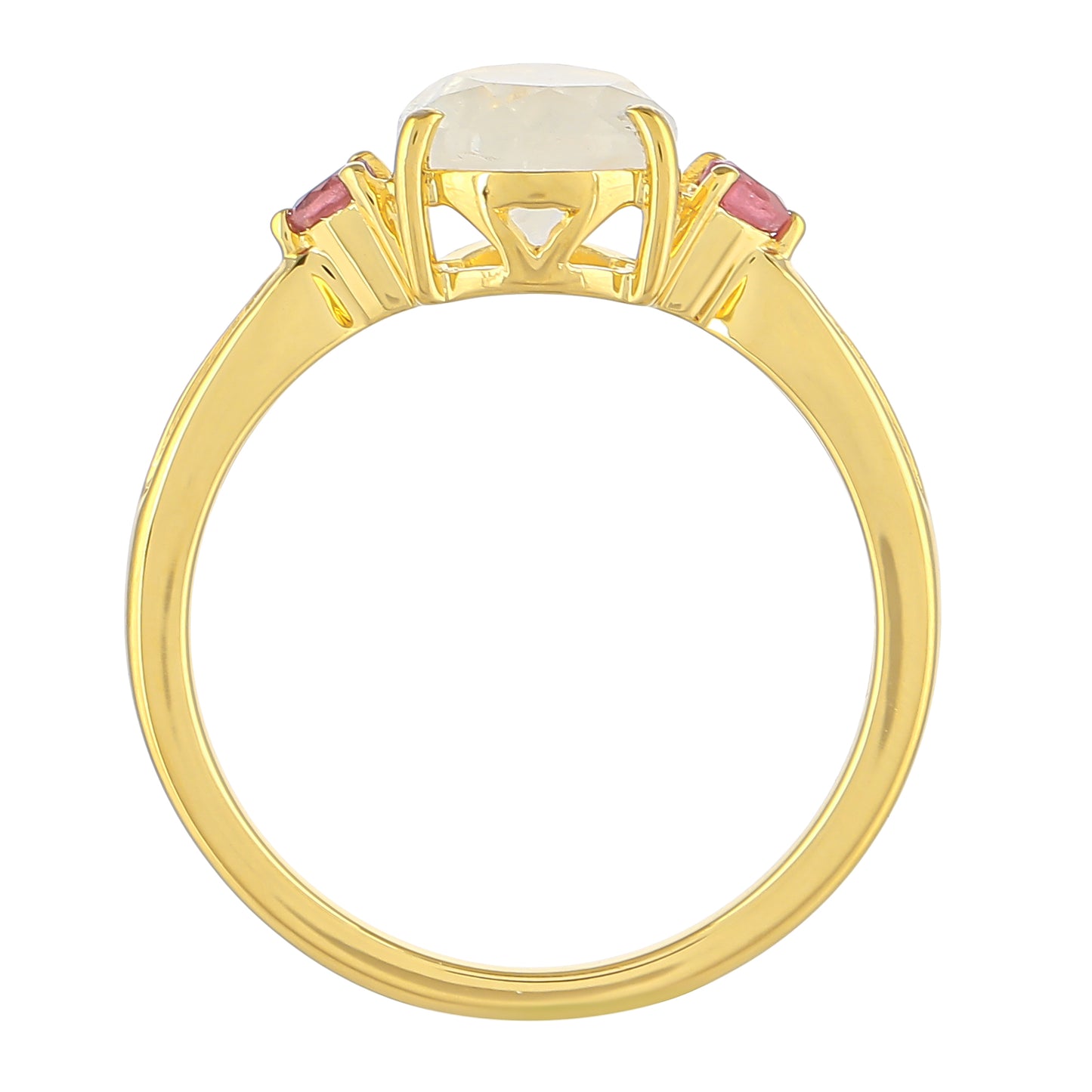 Anillo de Plata Bañada en Oro con Piedra Lunar Arco Iris y Rubí de Tailandia