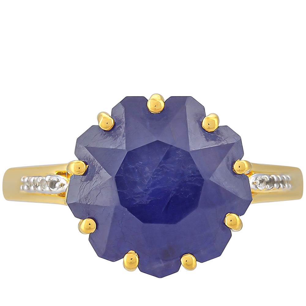 Anillo de Plata Bañada en Oro con Zafiro Azul de Tailandia y Topacio Blanco