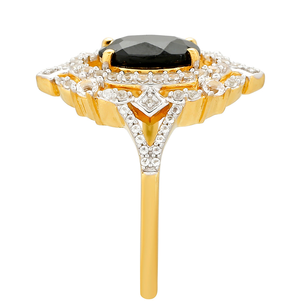 Anillo de Plata Bañada en Oro con Turmalina Negra y Topacio Blanco