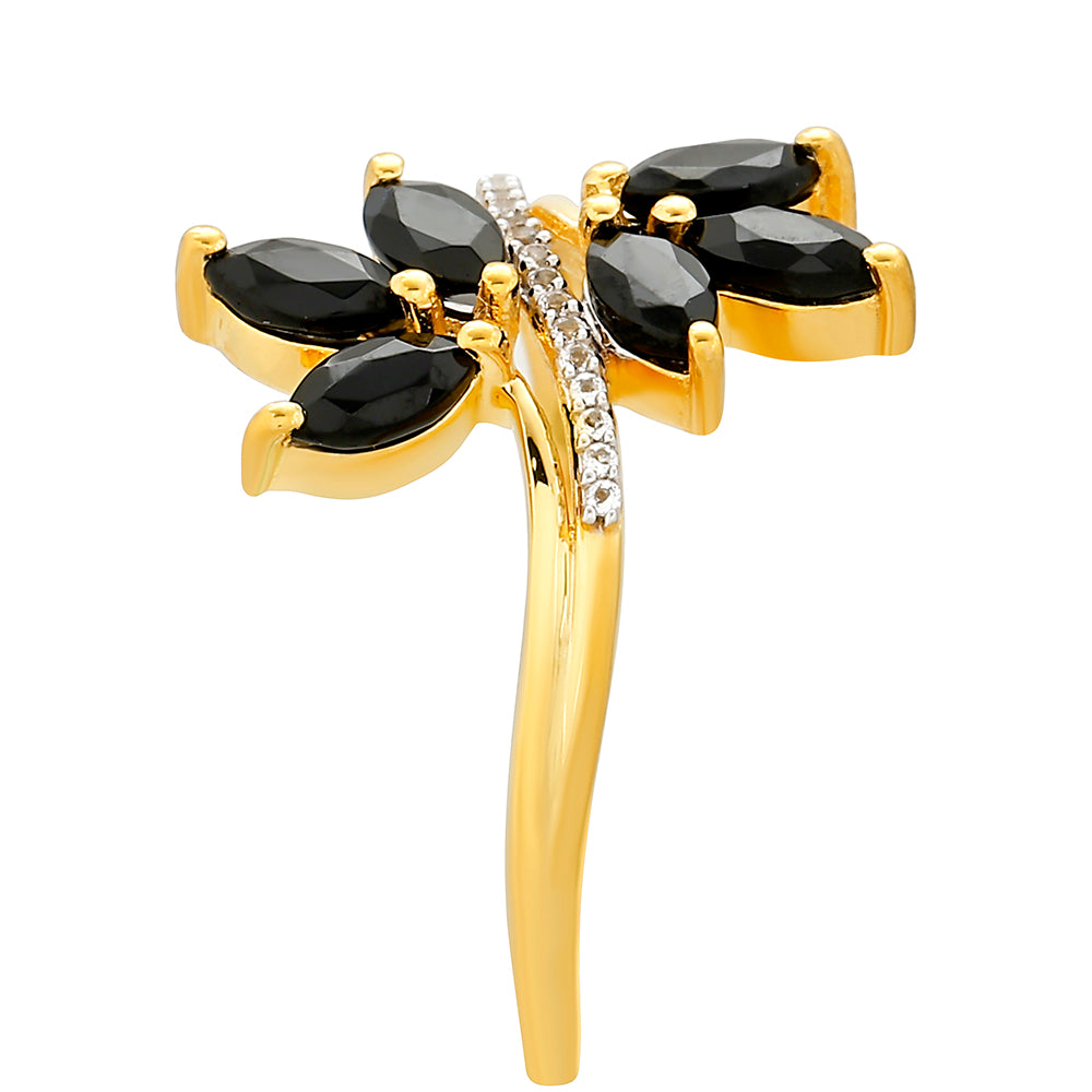 Anillo de Plata Bañada en Oro con Turmalina Negra y Topacio Blanco