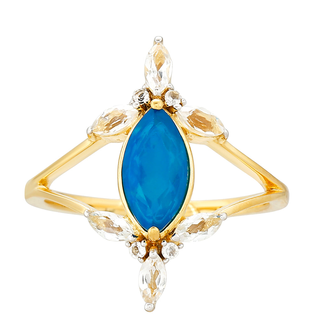 Anillo de Plata Bañada en Oro con Ópalo Azul Paraiba de Etiopía y Topacio Blanco