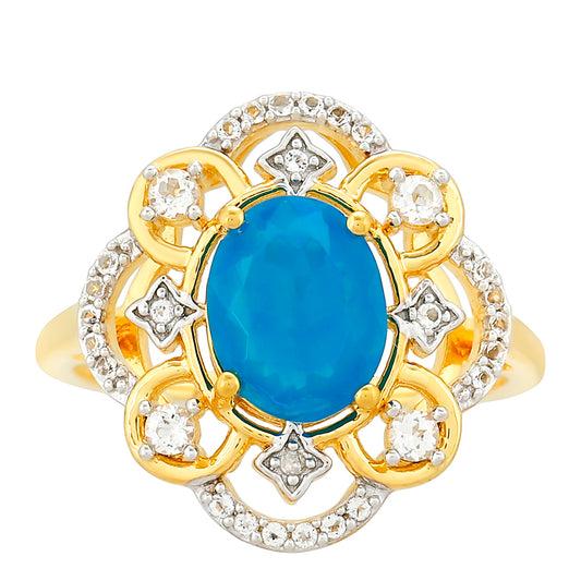 Anillo de Plata Bañada en Oro con Ópalo Azul Paraiba de Etiopía y Topacio Blanco