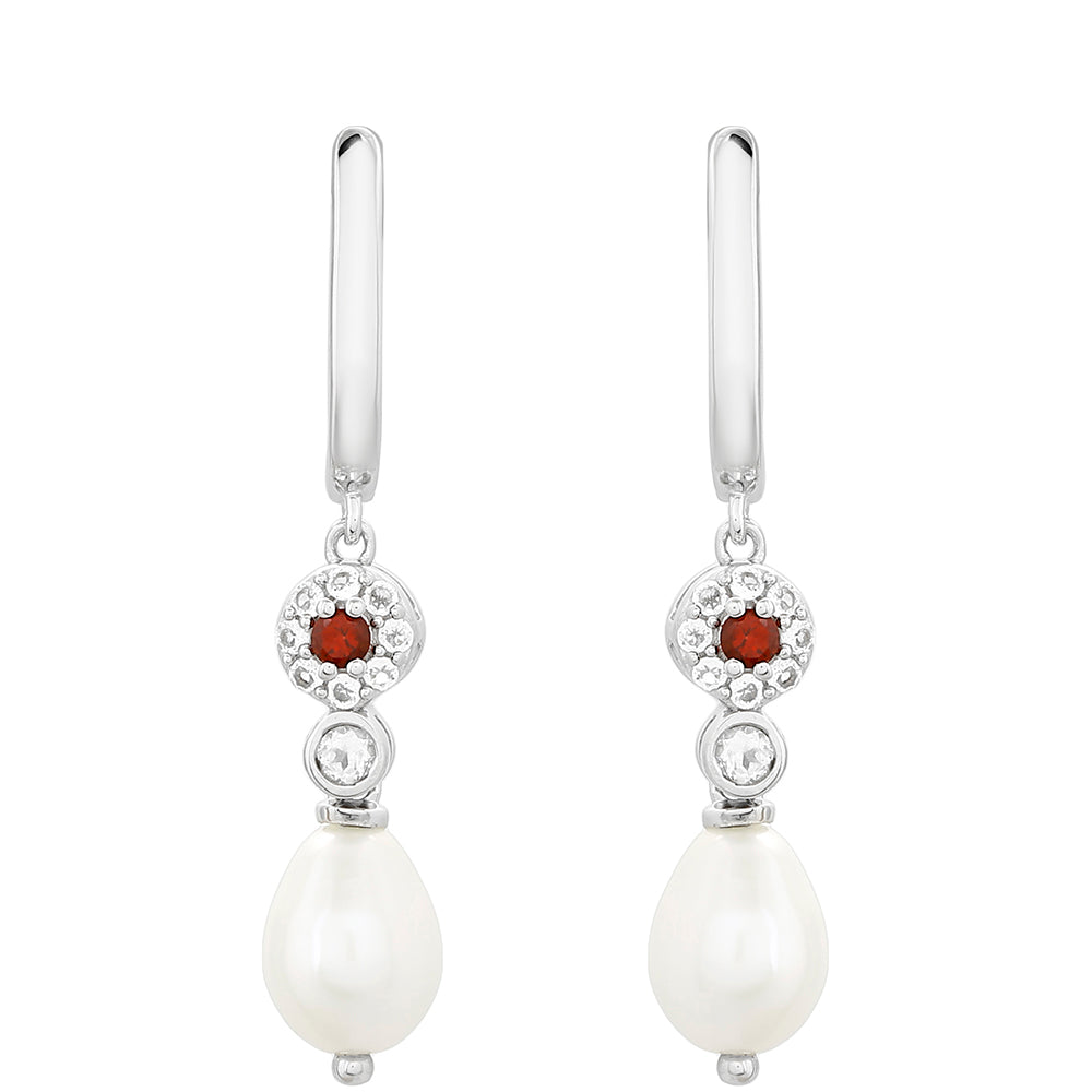 Pendientes de Plata con Granate y Perla blanca de agua dulce
