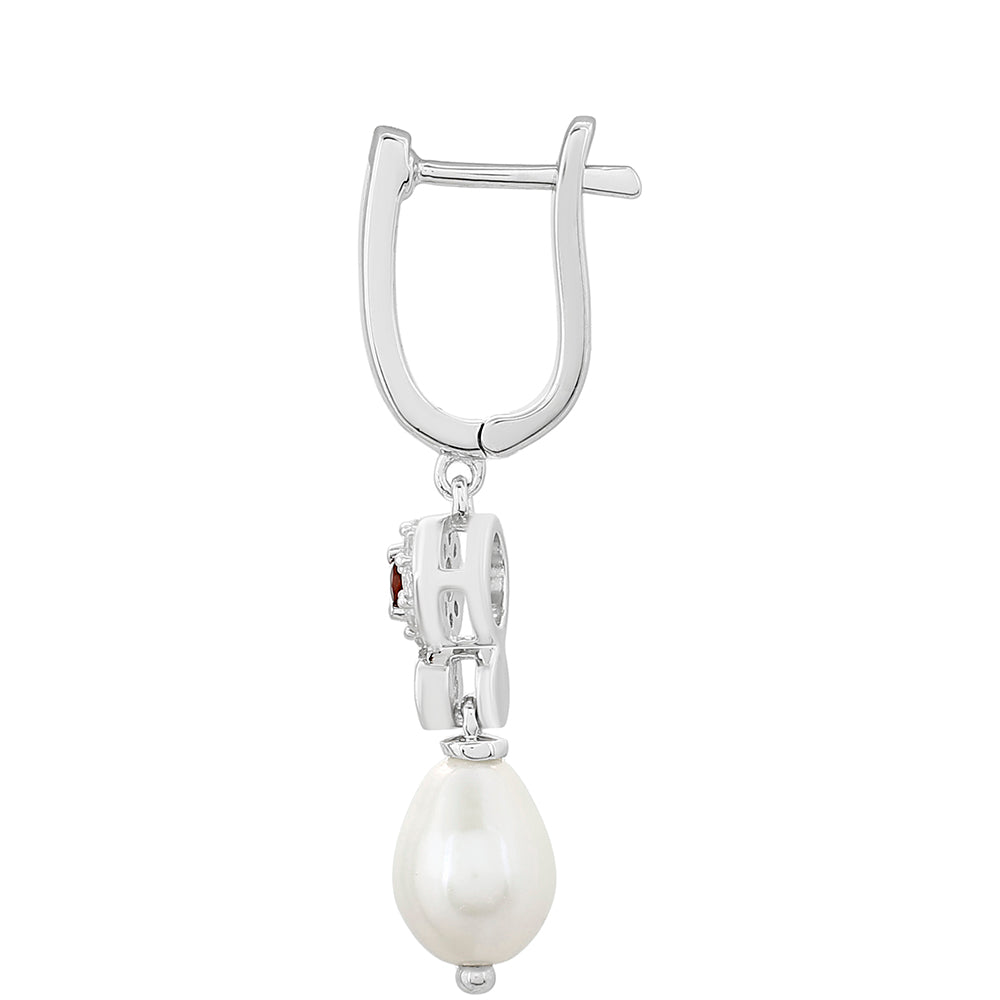 Pendientes de Plata con Granate y Perla blanca de agua dulce