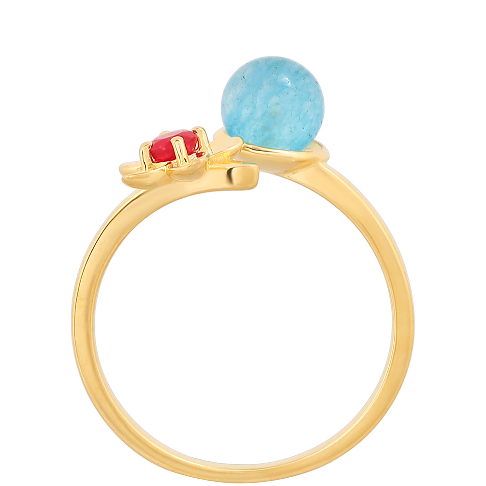 Anillo de Plata Bañada en Oro con Cuarzo Paraiba y Cuarzo Rojo