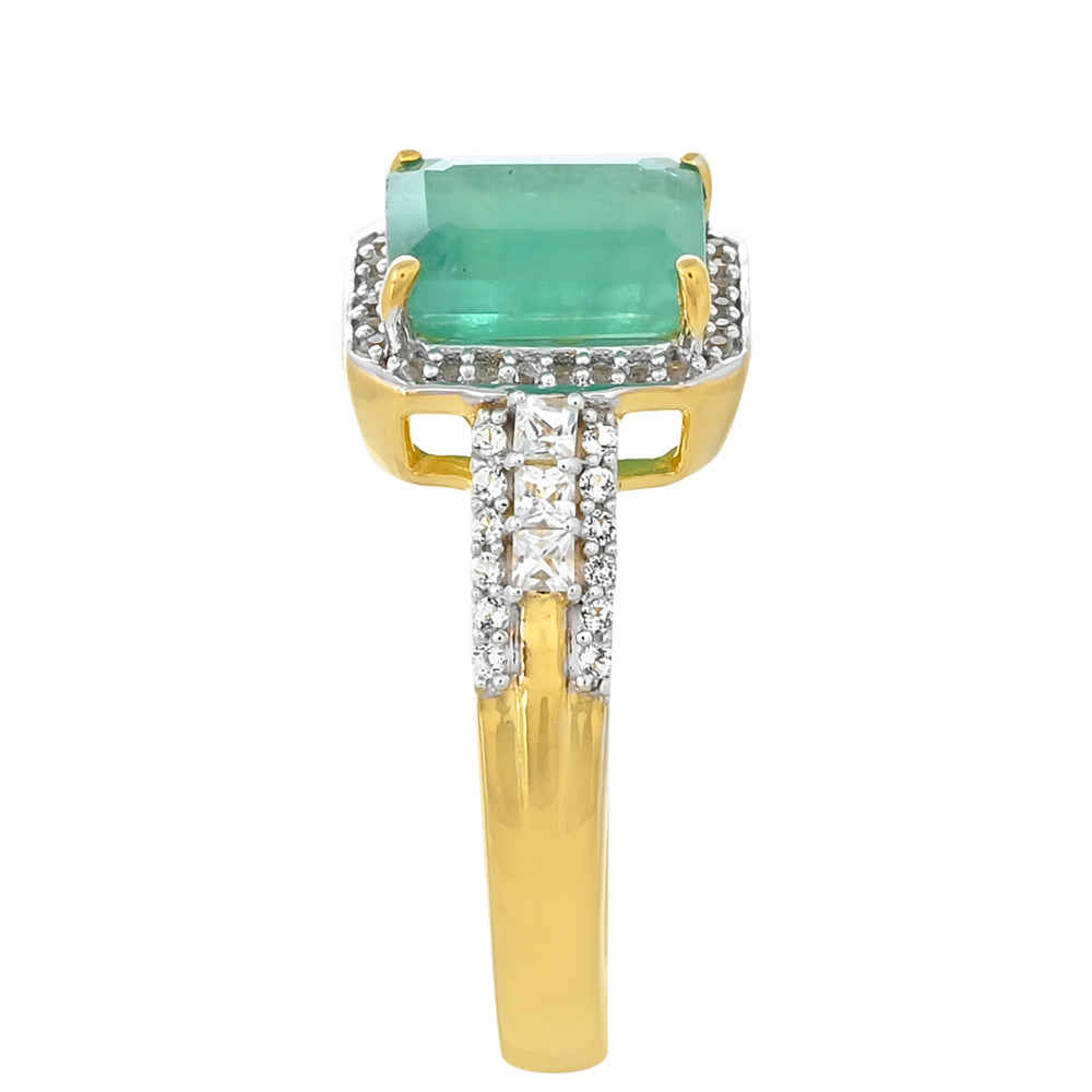Anillo de Plata Bañada en Oro con Esmeralda de Brasil y Topacio Blanco