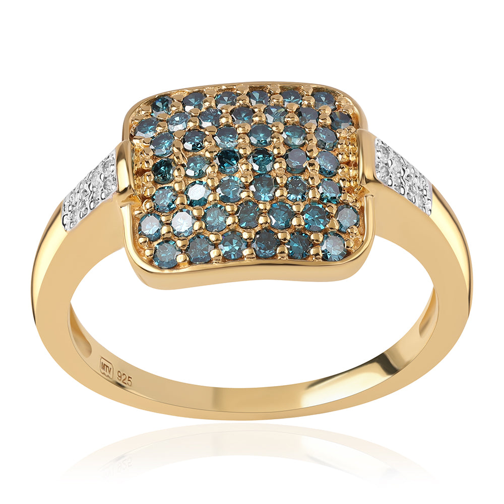 Anillo de Plata Bañada en Oro con Diamante Azul y Diamante blanco