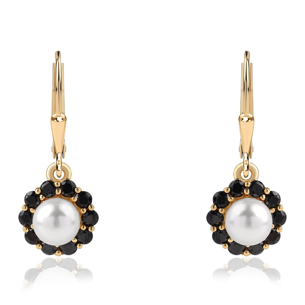 Pendientes de Plata Bañada en Oro con Espinela Negra y Perla blanca de agua dulce 4