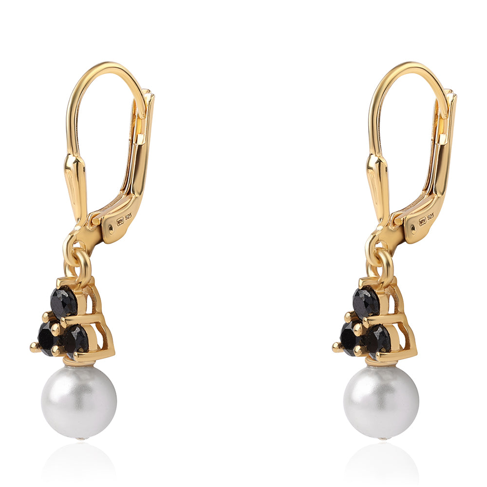 Pendientes de Plata Bañada en Oro con Espinela Negra y Perla blanca de agua dulce 2