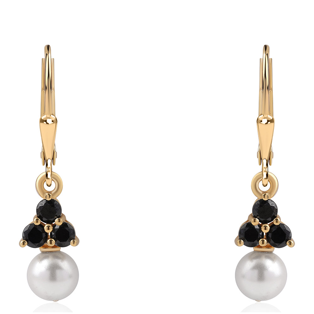 Pendientes de Plata Bañada en Oro con Espinela Negra y Perla blanca de agua dulce