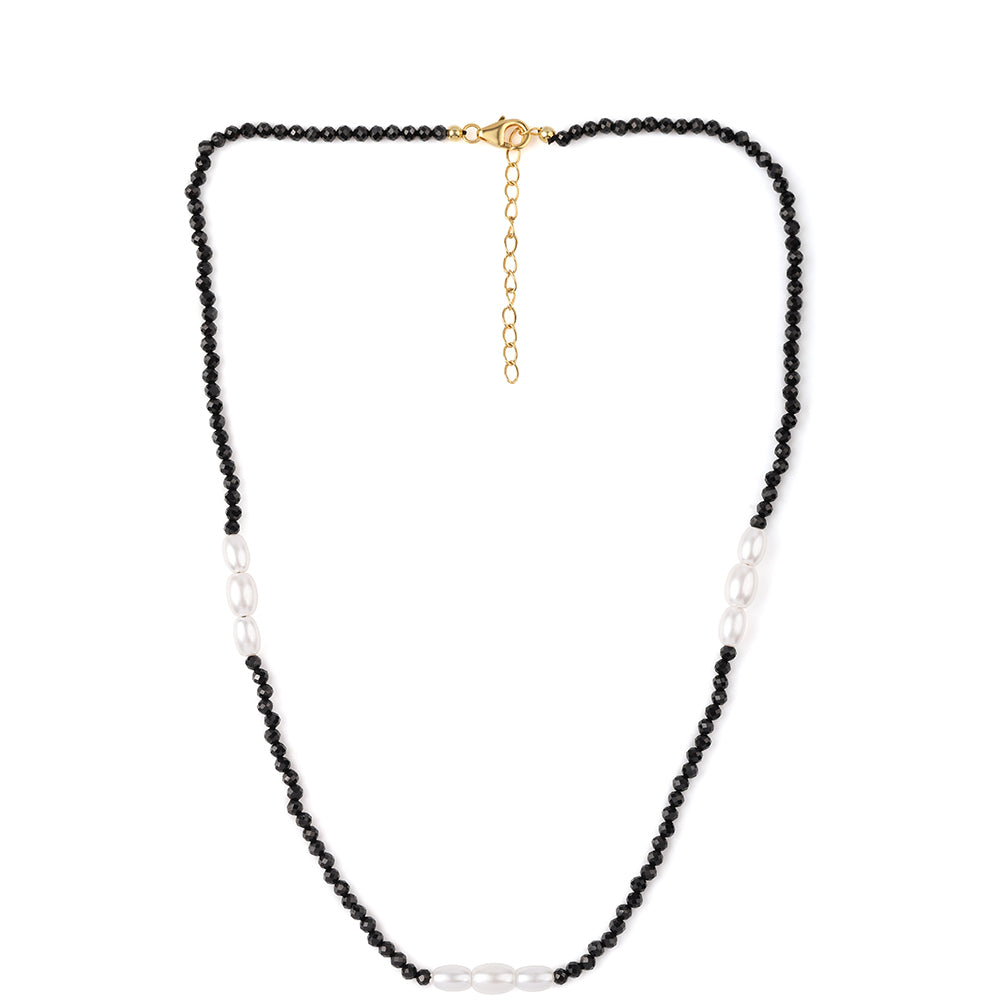 Collar de Plata Bañada en Oro con Espinela Negra y Perla blanca de agua dulce
