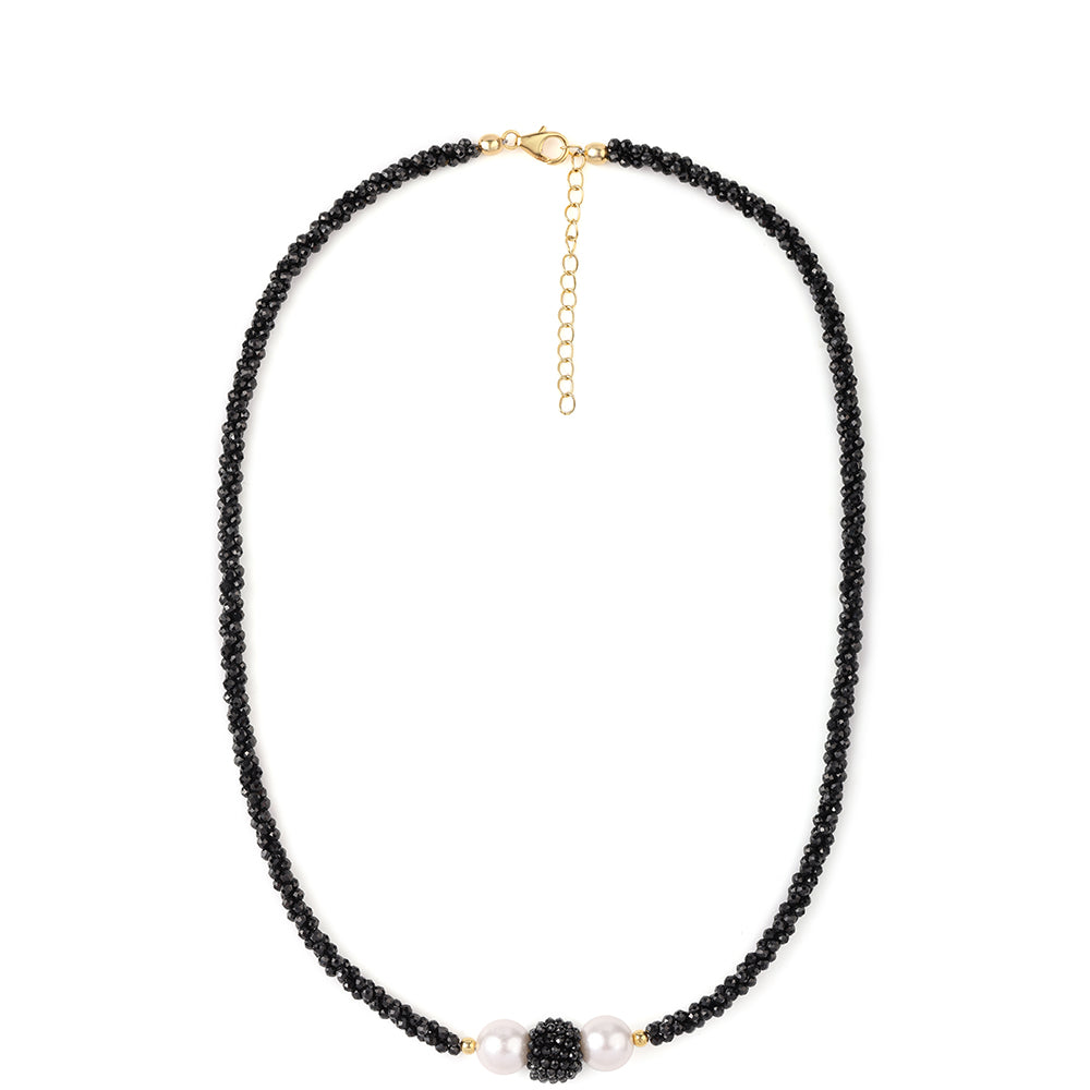 Collar de Plata Bañada en Oro con Espinela Negra y Perla blanca de agua dulce