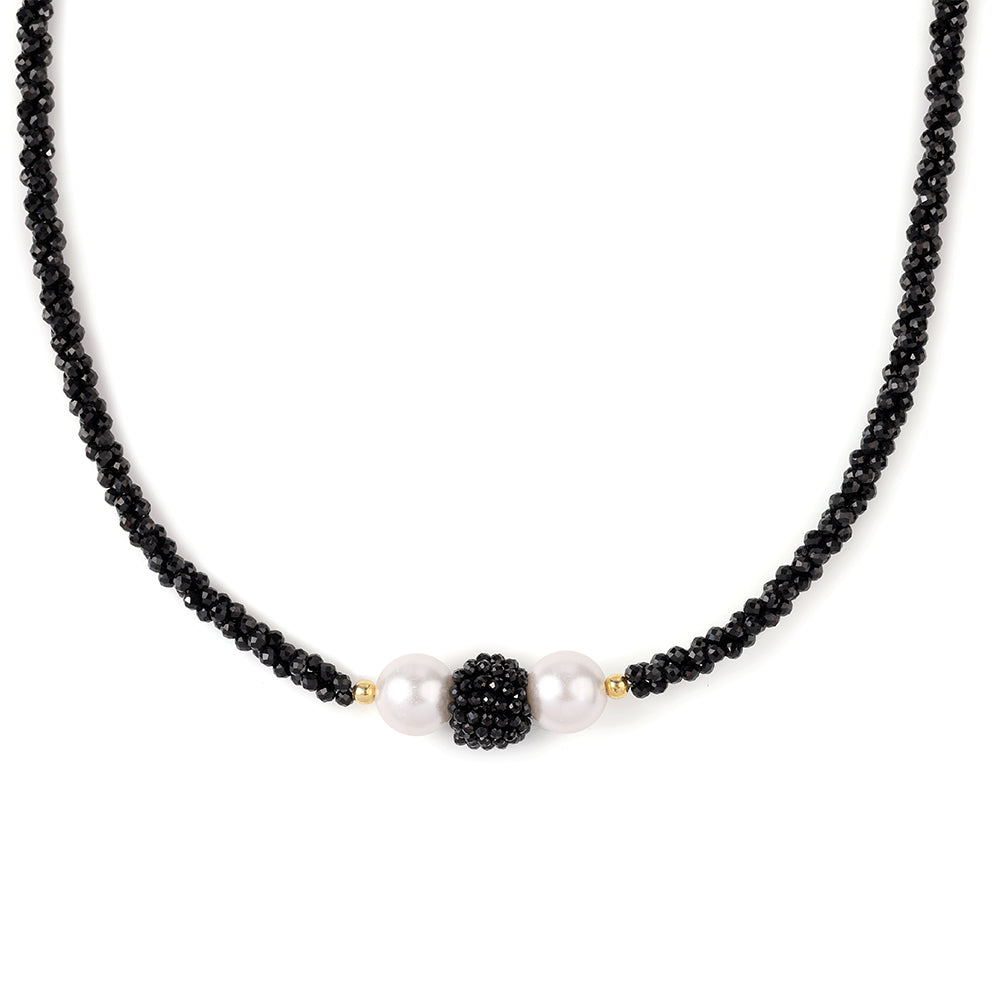 Collar de Plata Bañada en Oro con Espinela Negra y Perla blanca de agua dulce