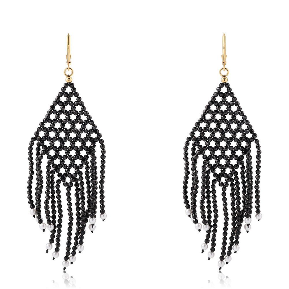 Pendientes de Plata Bañada en Oro con Espinela Negra y Perla blanca de agua dulce 2