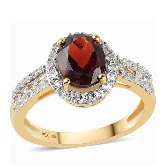 Anillo de Plata Bañada en Oro con Granate Barton y Topacio Blanco
