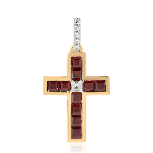 Cruz Colgante de Plata Bañada en Oro con Granate Barton y Topacio Blanco