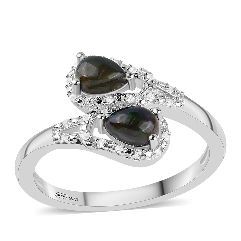 Anillo de Plata con Ópalo negro medianoche Lega Dembi de Ëtiopía y Topacio Blanco
