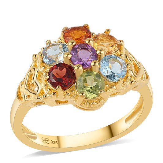 Anillo de Plata Bañada en Oro con Granate rojo y Citrino