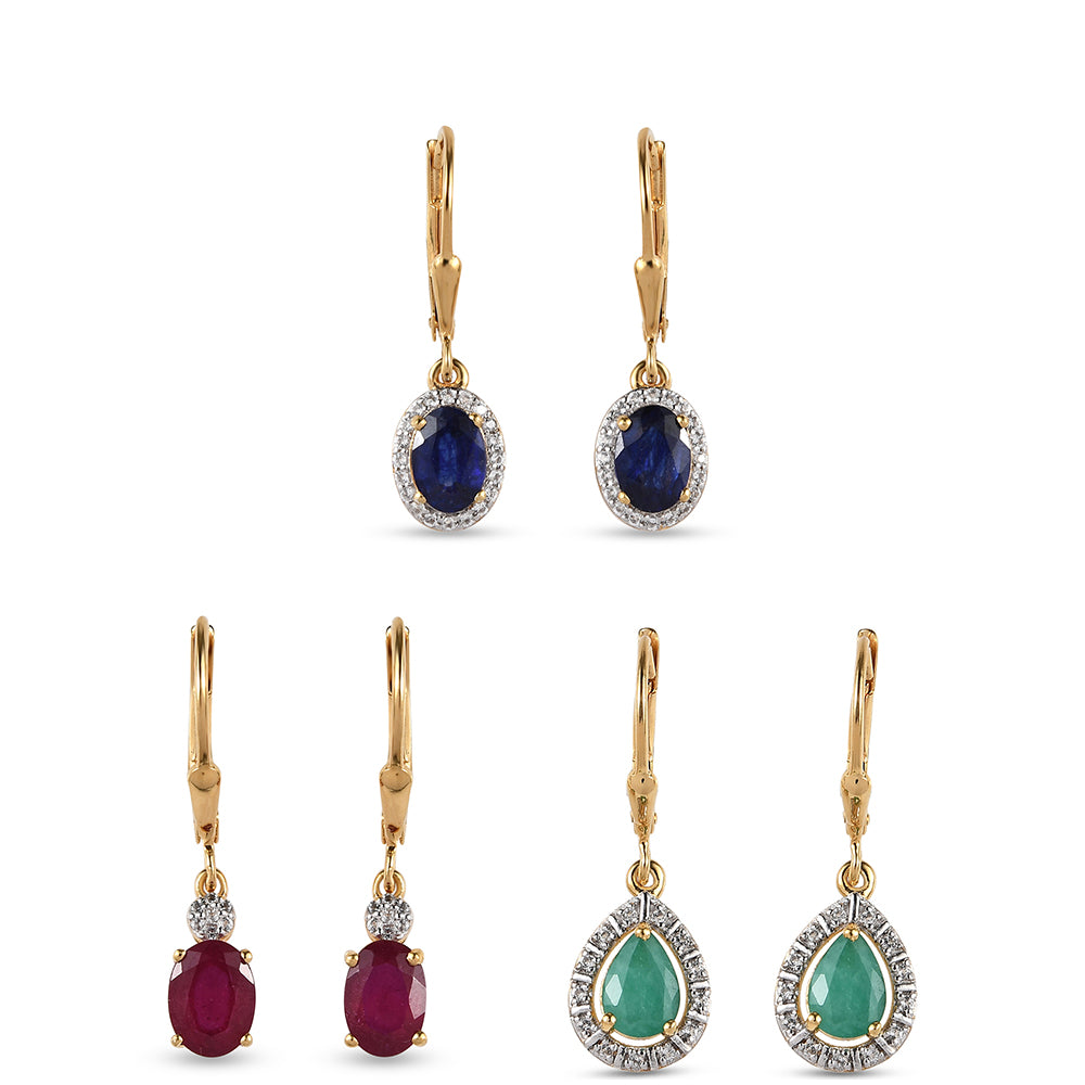 Conjunto de Plata Bañada en Oro con Rubí de Tailandia y Esmeralda de Brasil ( Pendientes )