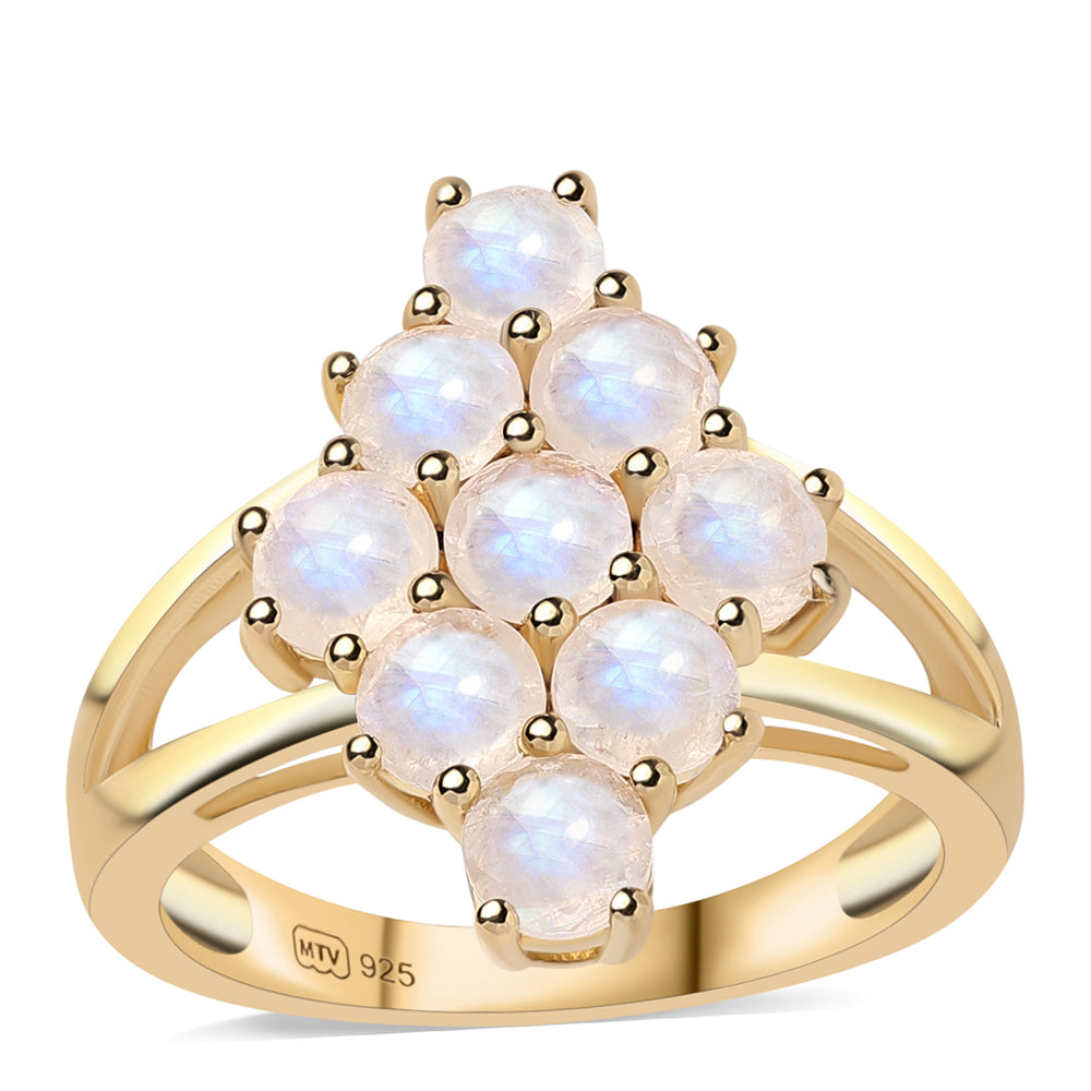 Anillo de Plata Bañada en Oro con Piedra de Luna de arcoiris AA