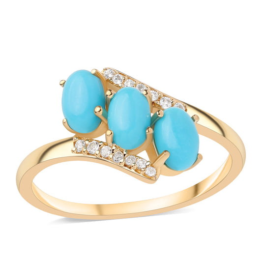 Anillo de Plata Bañada en Oro con Turquesa Bella Durmiente y Topacio Blanco