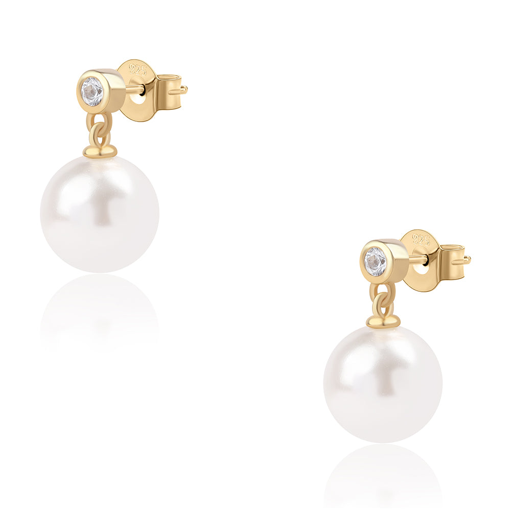 Pendientes de Plata Bañada en Oro con Perla blanca de agua dulce y Topacio Blanco