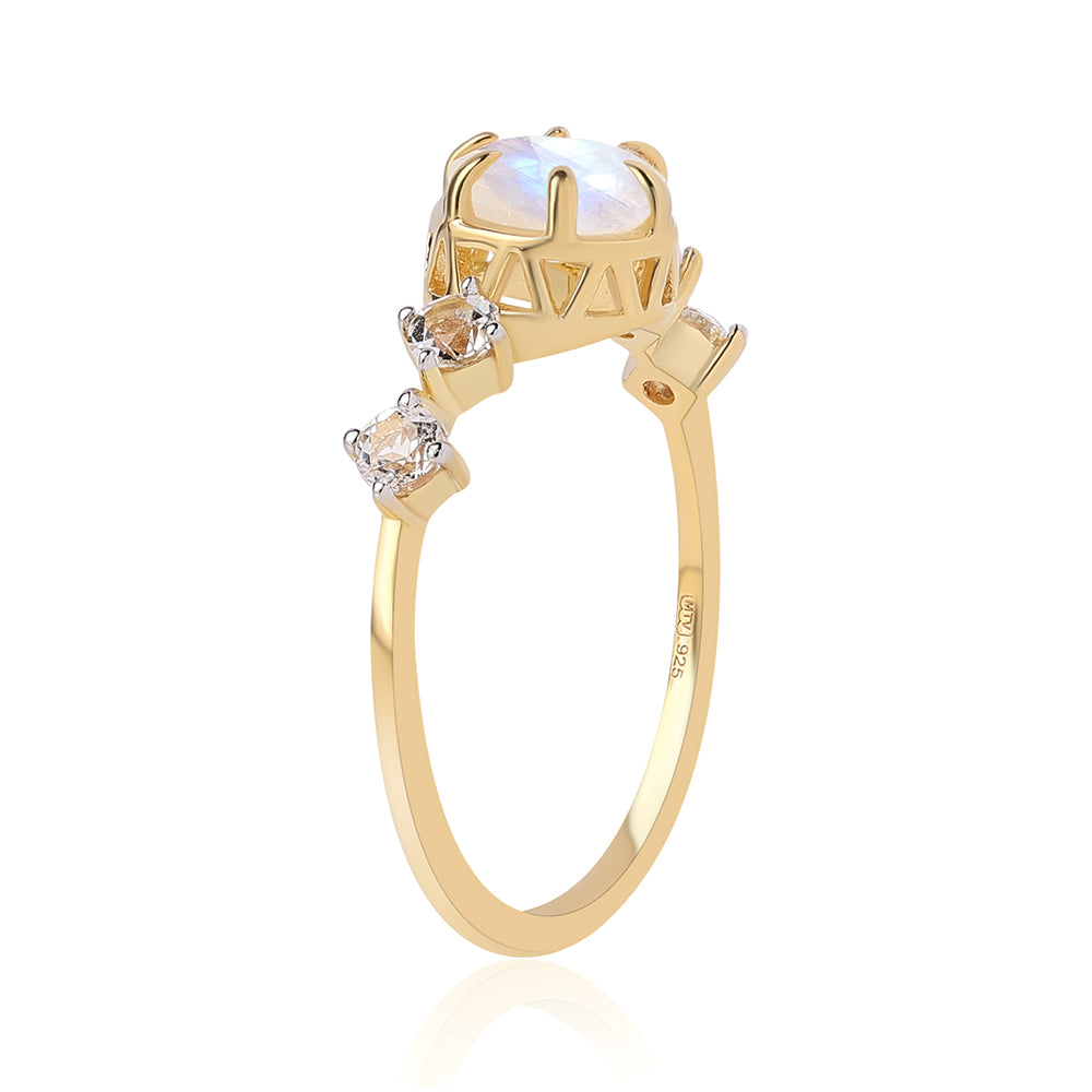 Anillo de Plata Bañada en Oro con Piedra de Luna de arcoiris AA y Topacio Blanco
