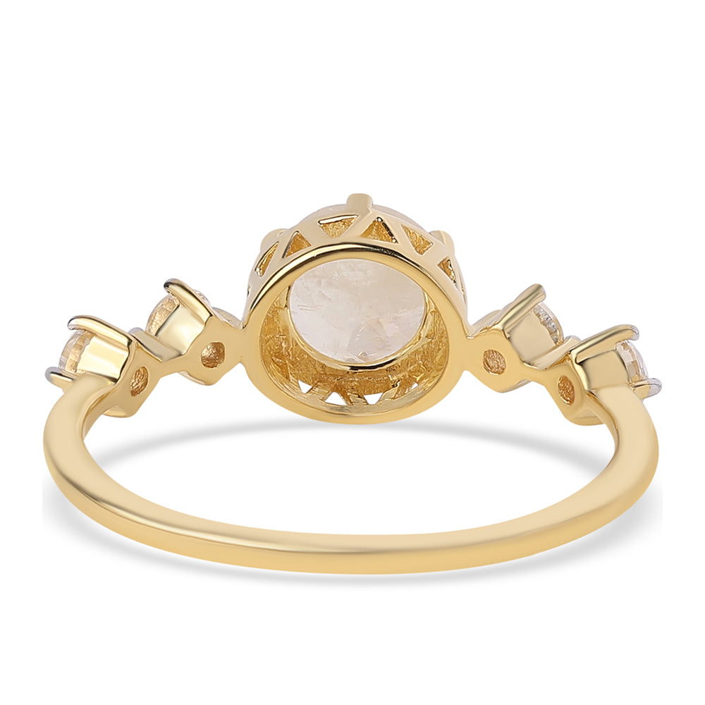 Anillo de Plata Bañada en Oro con Piedra de Luna de arcoiris AA y Topacio Blanco