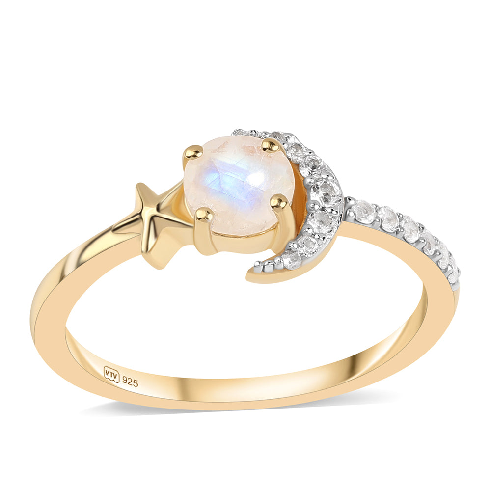 Anillo de Plata Bañada en Oro con Piedra de Luna de arcoiris AA y Topacio Blanco