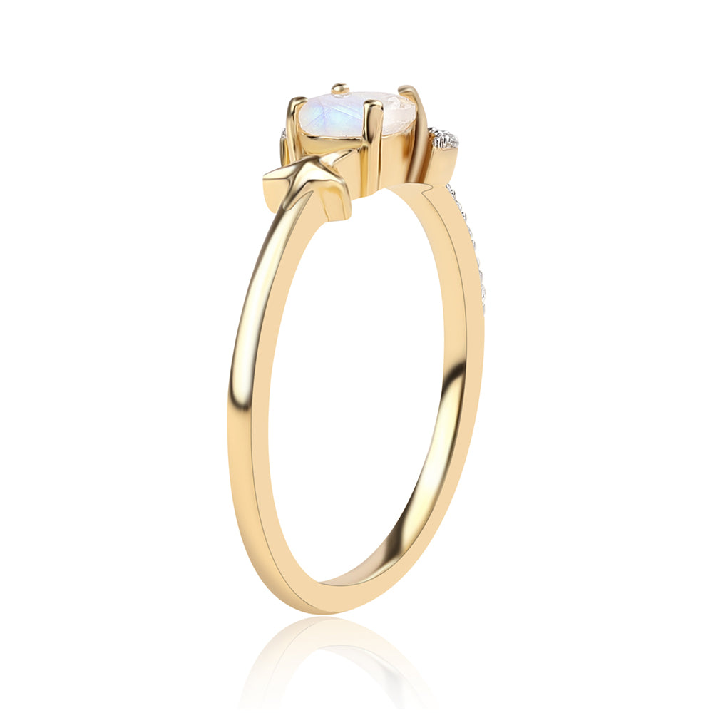 Anillo de Plata Bañada en Oro con Piedra de Luna de arcoiris AA y Topacio Blanco