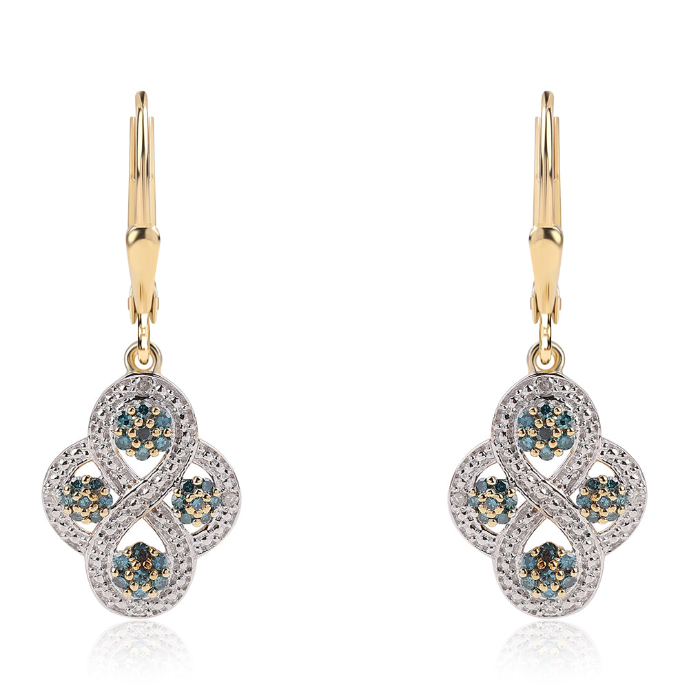 Pendientes de Plata Bañada en Oro con Diamante Azul y Diamante blanco