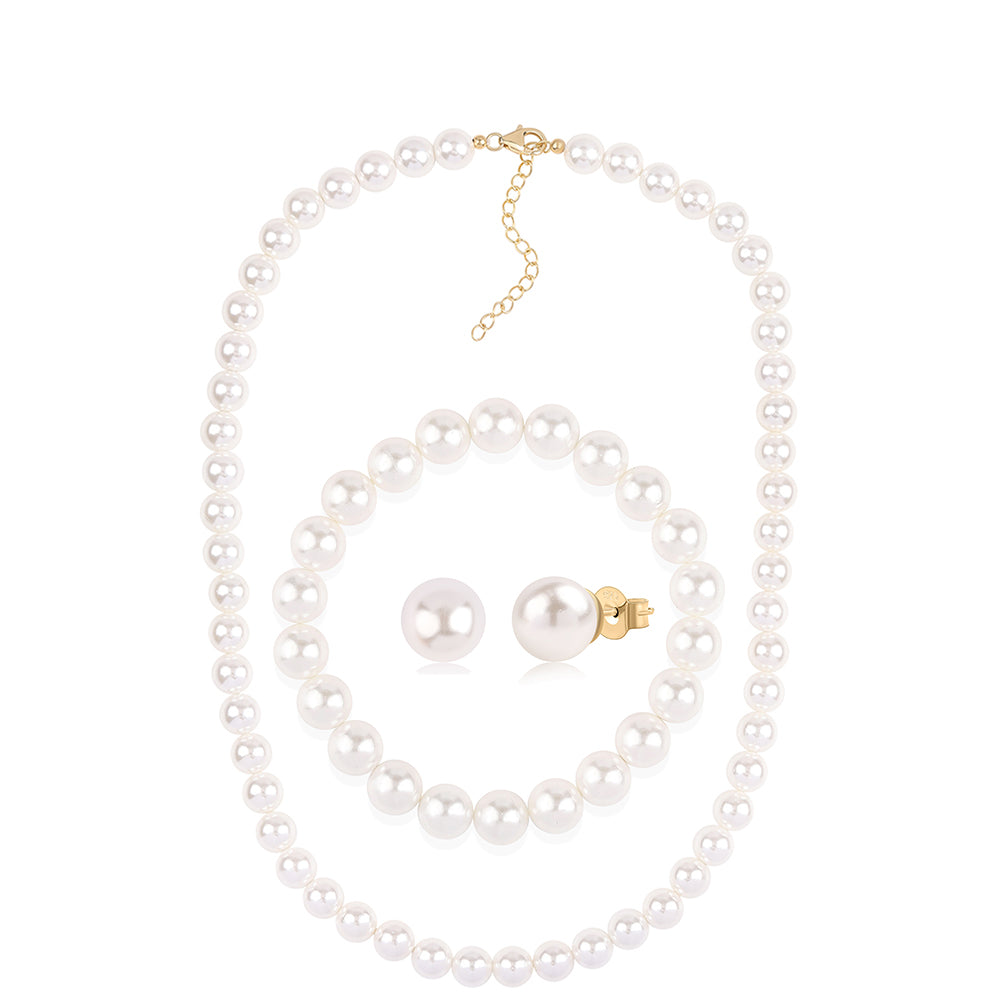 Conjunto de Plata Bañada en Oro con Perla blanca de agua dulce ( Collar +Pendientes +Pulsera )