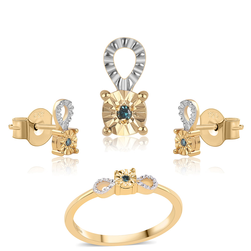 Conjunto de Plata Bañada en Oro con Diamante Azul ( Pendientes +Anillo +Colgante )