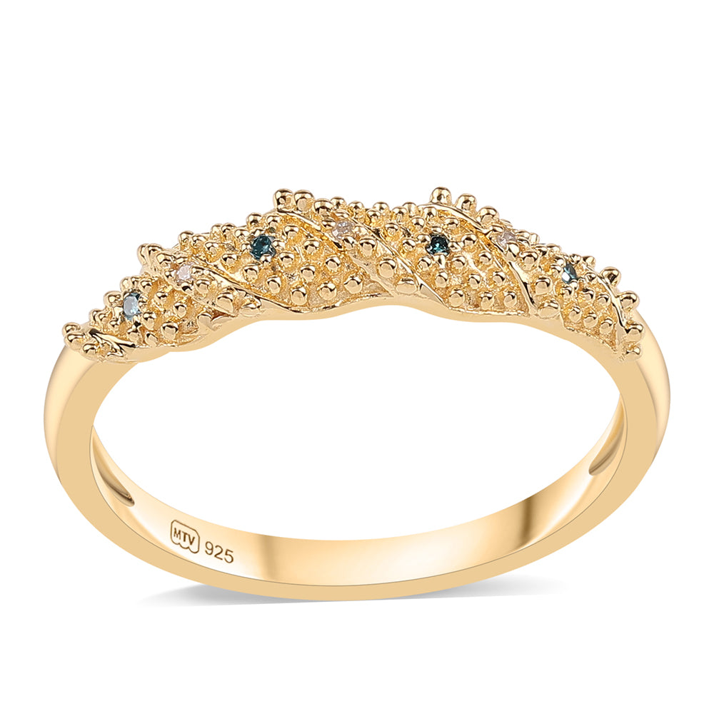 Anillo de Plata Bañada en Oro con Diamante Azul y Diamante blanco