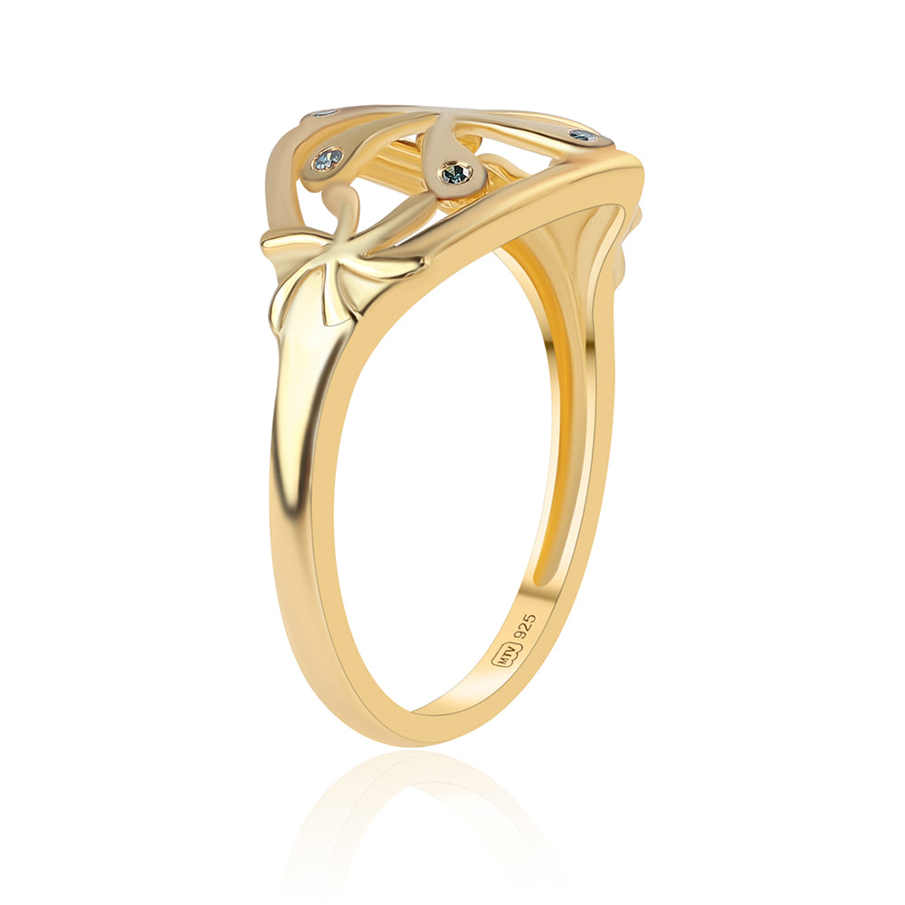 Anillo de Plata Bañada en Oro con Diamante Azul