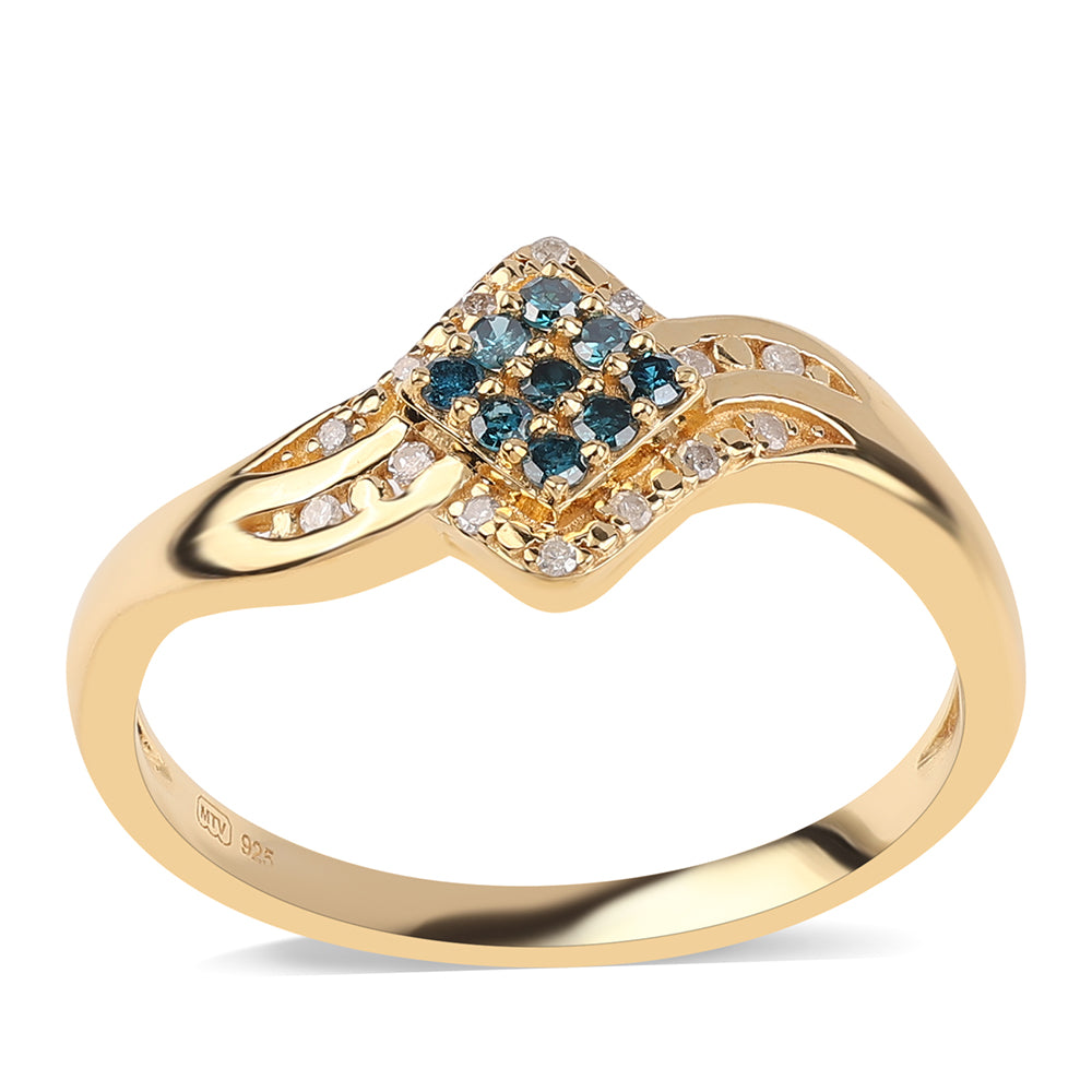 Anillo de Plata Bañada en Oro con Diamante Azul y Diamante blanco