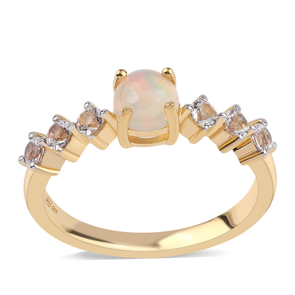 Anillo de Plata Bañada en Oro con Ópalo Etíope de Lega Dembi y Topacio Blanco 1