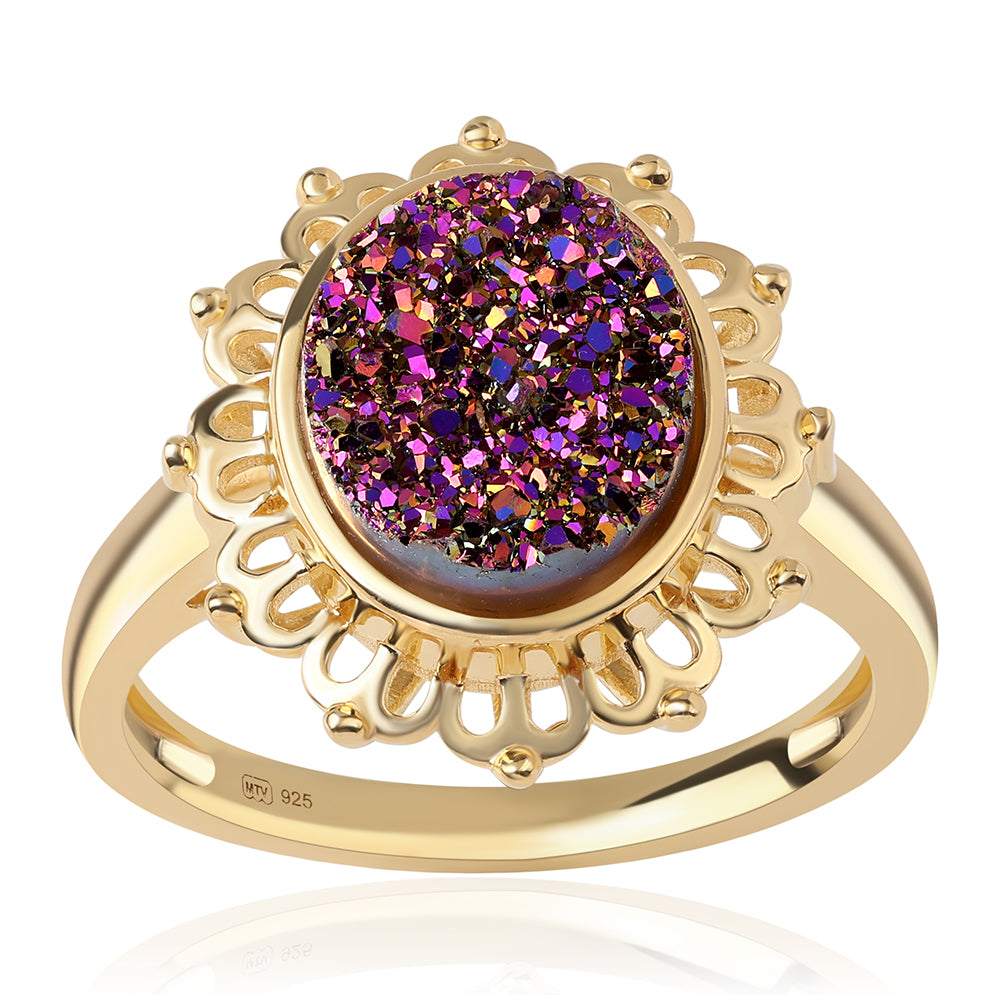 Anillo de Plata Bañada en Oro con Drusa Purpura