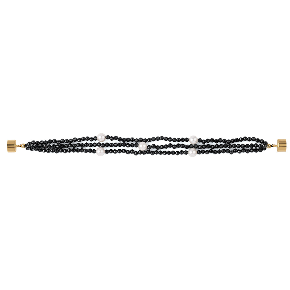 Pulsera de Plata Bañada en Oro con Espinela Negra y Perla blanca de agua dulce