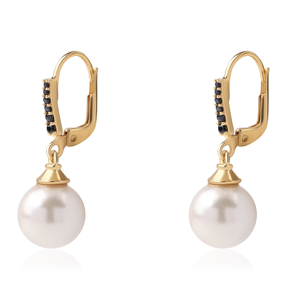 Pendientes de Plata Bañada en Oro con Espinela Negra y Perla blanca de agua dulce 2