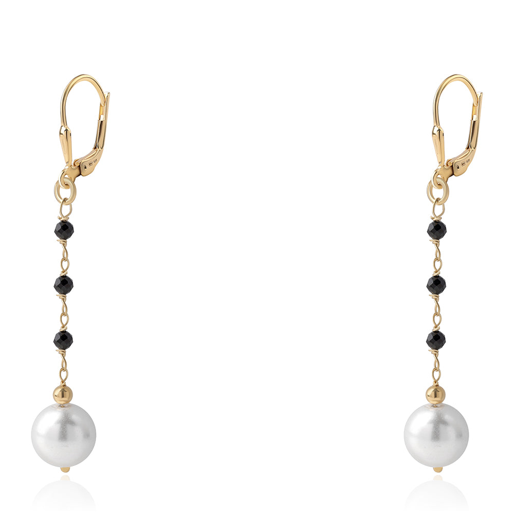 Pendientes de Plata Bañada en Oro con Espinela Negra y Perla blanca de agua dulce