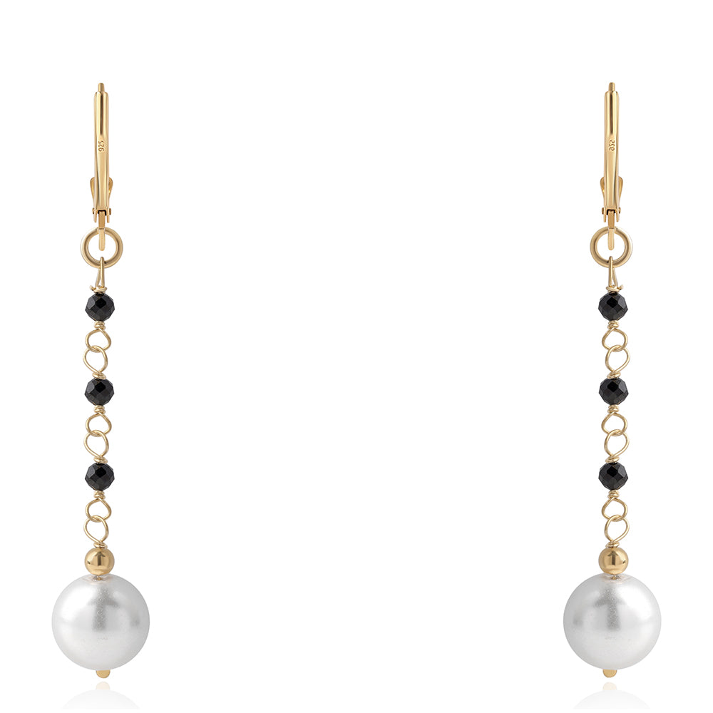 Pendientes de Plata Bañada en Oro con Espinela Negra y Perla blanca de agua dulce 2