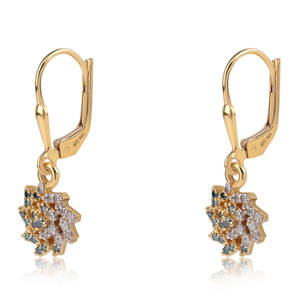 Pendientes de Plata Bañada en Oro con Diamante Azul y Diamante blanco