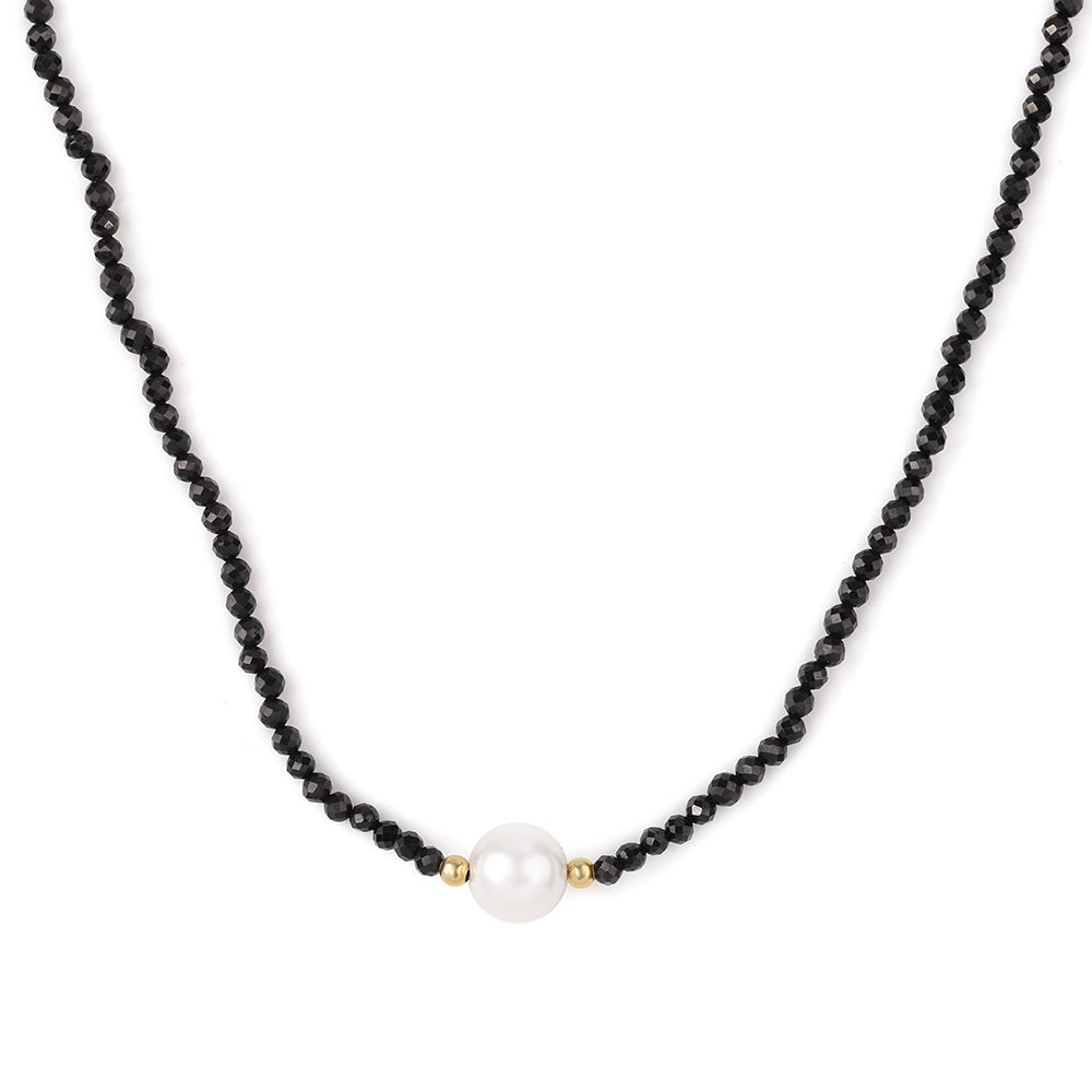 Collar de Plata Bañada en Oro con Espinela Negra y Perla blanca de agua dulce