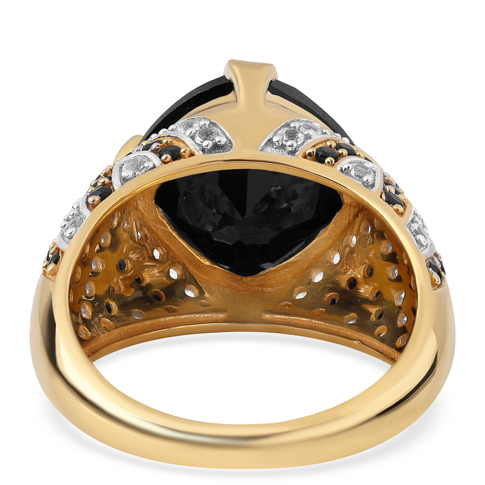 Anillo de Plata Bañada en Oro con Espinela Negra y Topacio Blanco