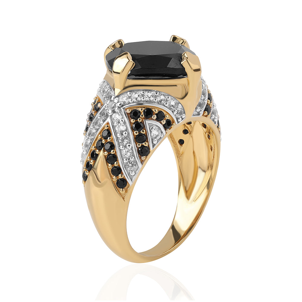 Anillo de Plata Bañada en Oro con Espinela Negra y Topacio Blanco