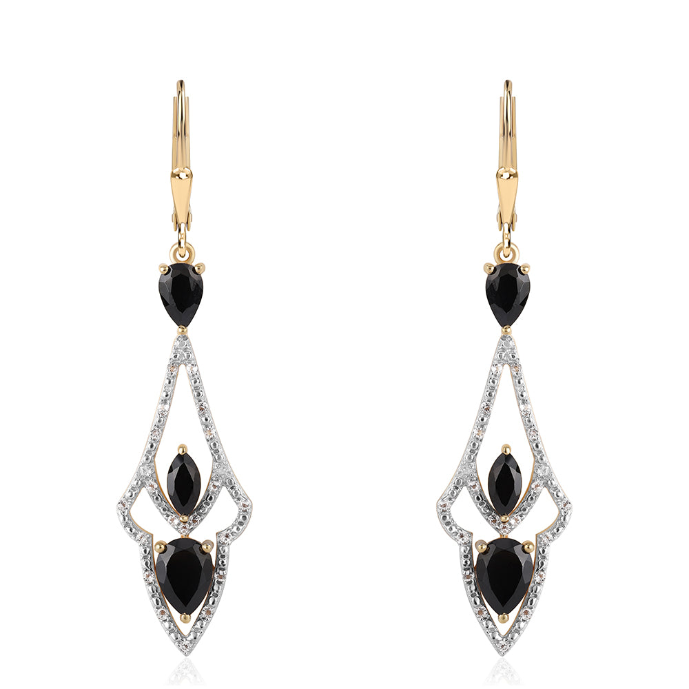 Pendientes de Plata Bañada en Oro con Espinela Negra y Topacio Blanco 1