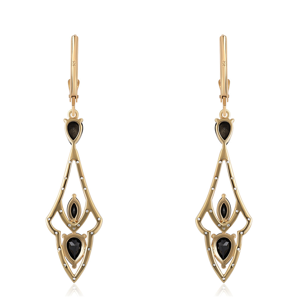 Pendientes de Plata Bañada en Oro con Espinela Negra y Topacio Blanco 2