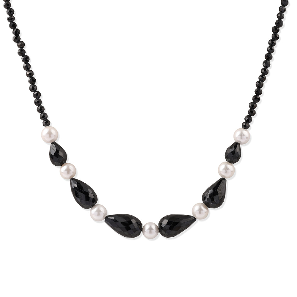 Collar de Plata Bañada en Oro con Espinela Negra y Perla blanca de agua dulce