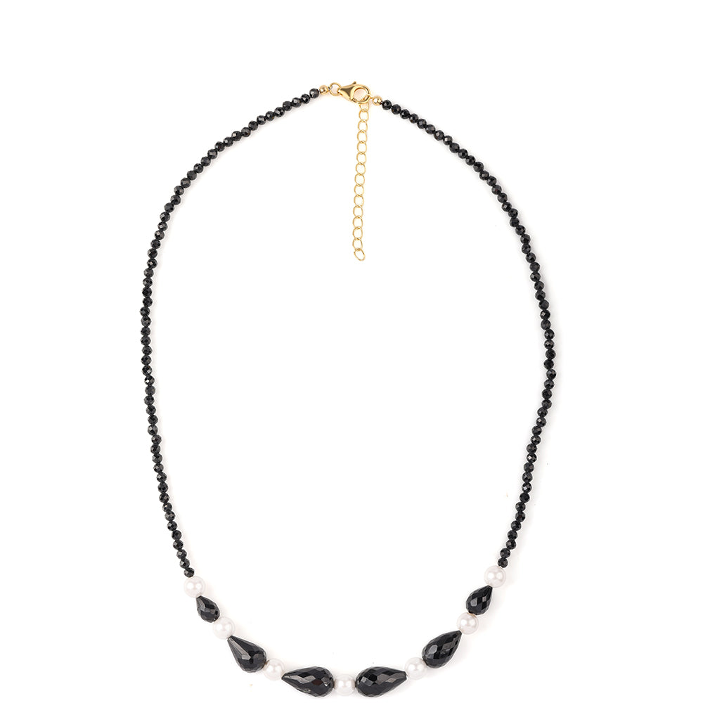 Collar de Plata Bañada en Oro con Espinela Negra y Perla blanca de agua dulce